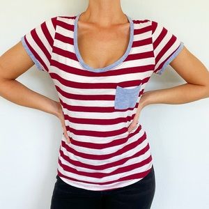 Self Esteem red striped pocket tee size large